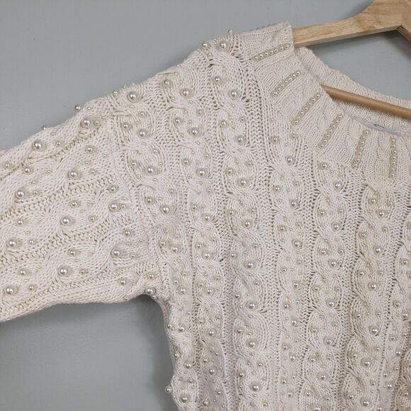 Vintage 90s Sweater Cable Knit Pearl Cropped Off White Coquette Feminine M - Picture 5 of 13